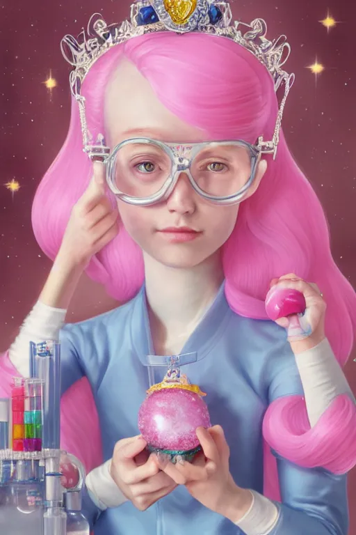 Prompt: highly detailed, profile portrait of young adult princess bubblegum, experimenting in her science lab, wearing lab coat and safety glasses and sapphire tiara, bubblegum hair with sapphire tiara, bubblegum face, bubblegum body, depth of field, illustration, concept art by nicoletta ceccoli, mark ryden, lostfish, detailed and intricate environment, 8 k resolution, hyperrealistic, octane render