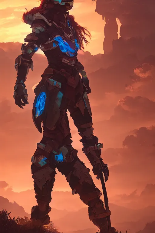 Image similar to combination suit armor aloy horizon forbidden west horizon zero dawn radiating a glowing aura global illumination ray tracing hdr fanart arstation by ian pesty and alena aenami artworks in 4 k tribal robot ninja mask helmet backpack