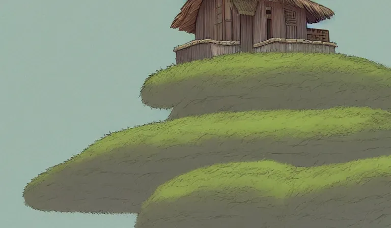 Prompt: A serene landscape with a singular building in the style of Studio Ghibli.