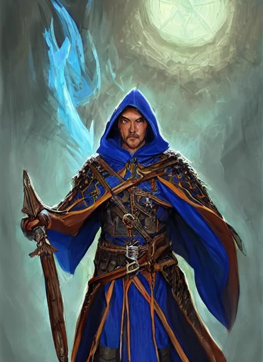 Image similar to bright blue cloak male priest, ultra detailed fantasy, dndbeyond, bright, colourful, realistic, dnd character portrait, full body, pathfinder, pinterest, art by ralph horsley, dnd, rpg, lotr game design fanart by concept art, behance hd, artstation, deviantart, hdr render in unreal engine 5