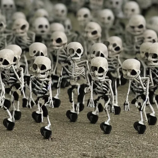 Prompt: an army of skeletons running towards the camera