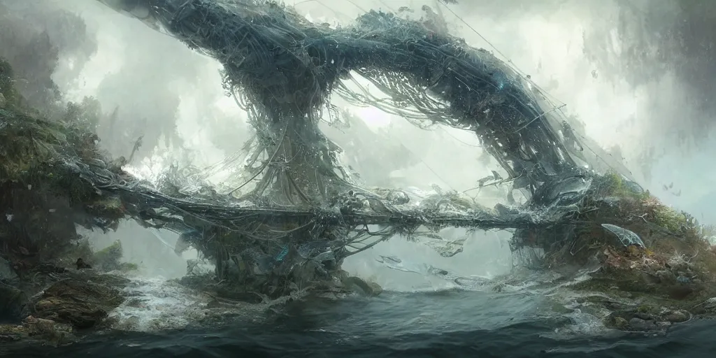 Image similar to study material with side perspective, transparent water River flow, realistic water foam,agua droplets, underwater, bridge made of water ,physically based rendering, defined features by ellen jewett, tomasz alen kopera and Justin Gerard