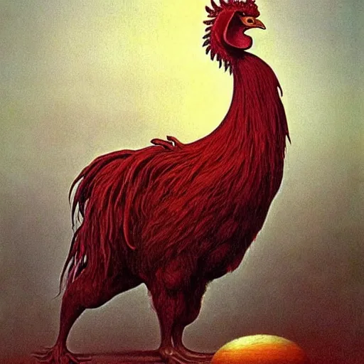 Prompt: big black rooster as a giant monster, creepy!!!, sharp teeth, gory, zdzisław beksinski, keith thompson, terrifying!!!