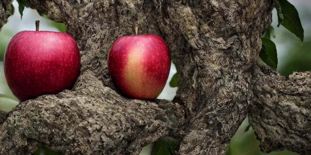 Image similar to an extreme close - up photographic picture of an apple on a tree, photographic filter, unreal engine 5, realistic, hyperdetailed, 8 k, cinematic, volumetric lighting, very realistic effect, hd, hdr, 4 k, sharp focus, octane render, ultra detailed, high resolution, trending on artstation in the style of albert dros glowing rich colors powerful imagery