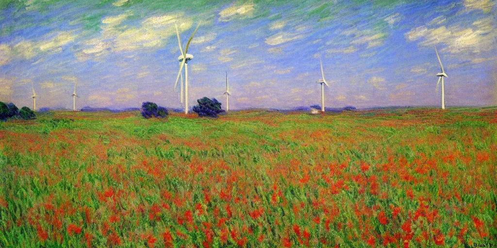 Prompt: beautiful fields of wind farms painted by monet, very pretty!!