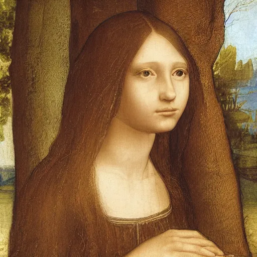 Image similar to girl with long hair sits in a tree by davinci