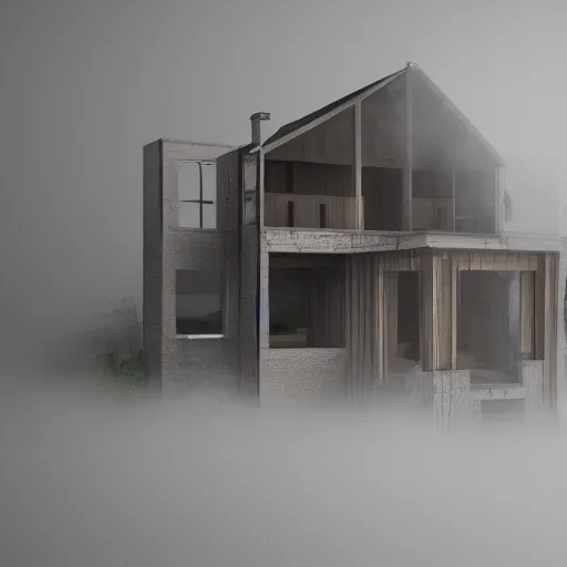 Prompt: a home under construction half engulfed in fog 3 d render