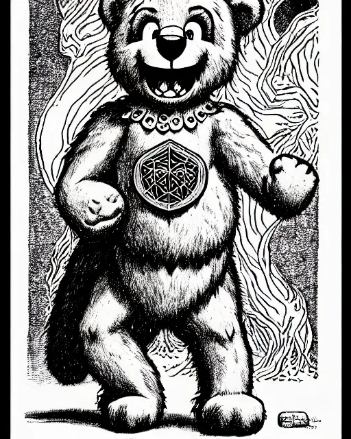 Image similar to a care bear as a d & d monster, on square background, pen - and - ink illustration, etching, by russ nicholson, david a trampier, larry elmore, 1 9 8 1, hq scan, intricate details, high contrast