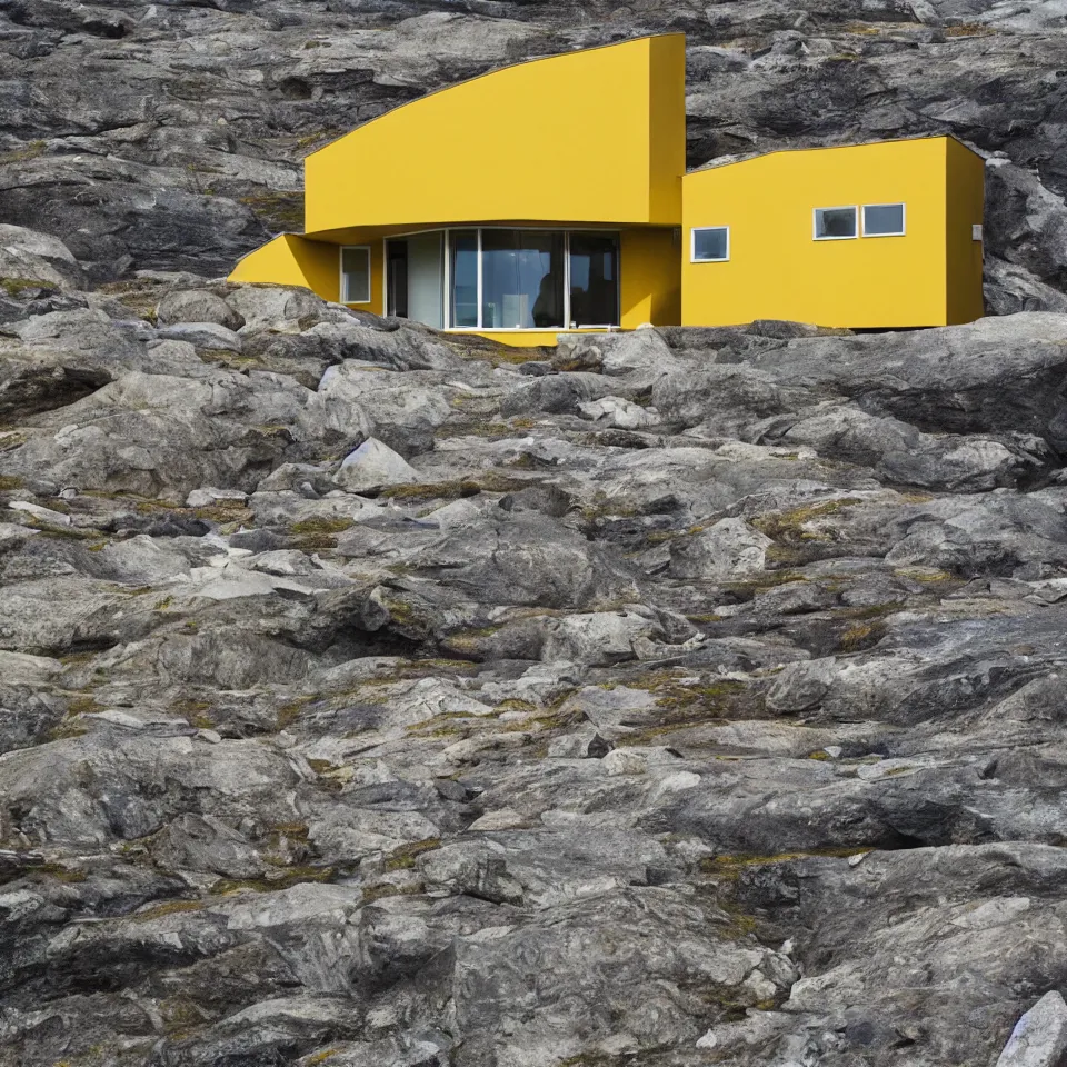 Image similar to a mid-century modern house on top of a cliff in the arctic, designed by Frank Gehry. Big tiles. Small pathway . Film grain, cinematic, yellow hue