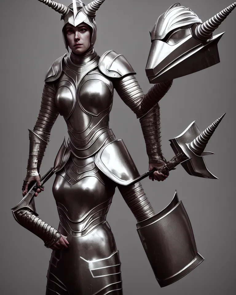Image similar to epic portrait of female alien unicorn in plate armour by cleavanger and elvgren epic awesome symmetrical octane vfx maya render realistic
