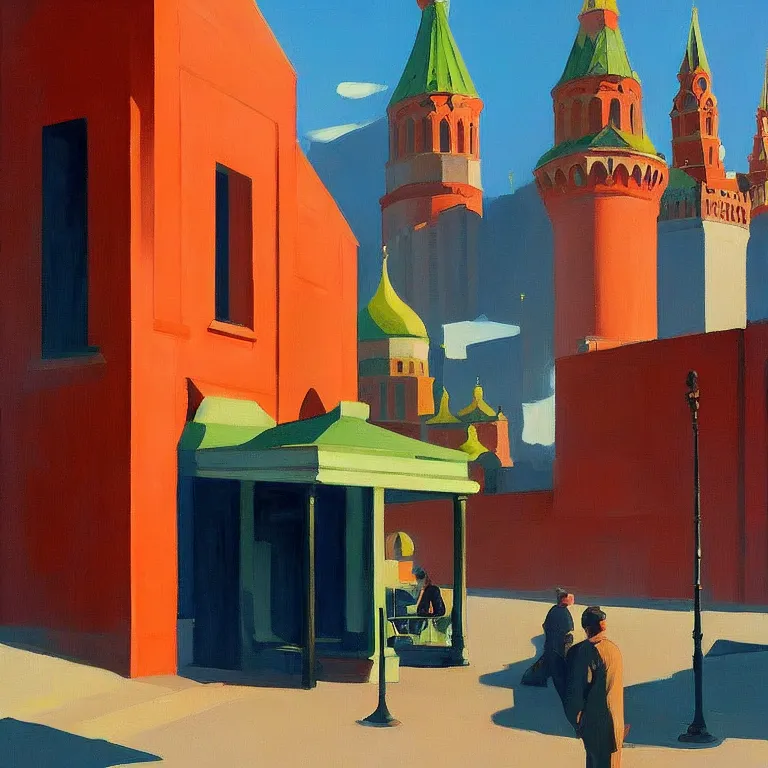 Image similar to Kremlin is on fire, painted by Edward Hopper, painted by James Gilleard, airbrush