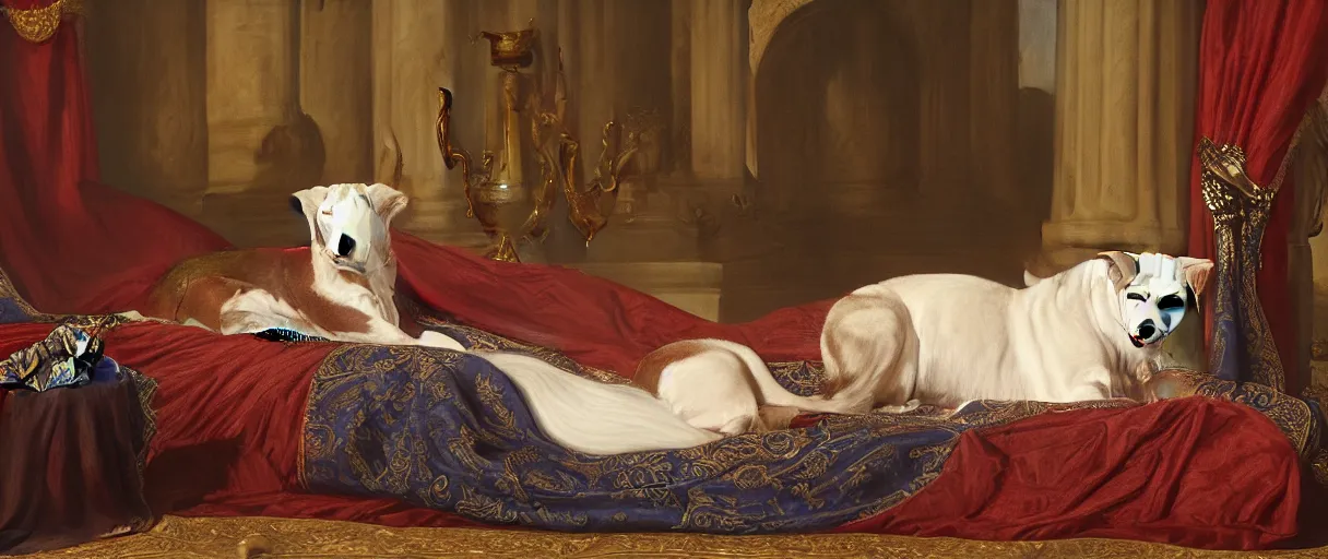 Prompt: Diablo laying in his royal bed waiting for the maiden to bring his tea, painting