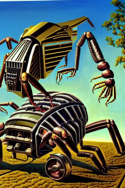 Image similar to a hyperrealistic painting of a giant metallic mechanical scorpion monster in a suburban neighborhood on a sunny day, by chris cunningham and richard corben, highly detailed, vivid color,