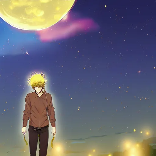 Prompt: anime digital art golden crack in the night sky