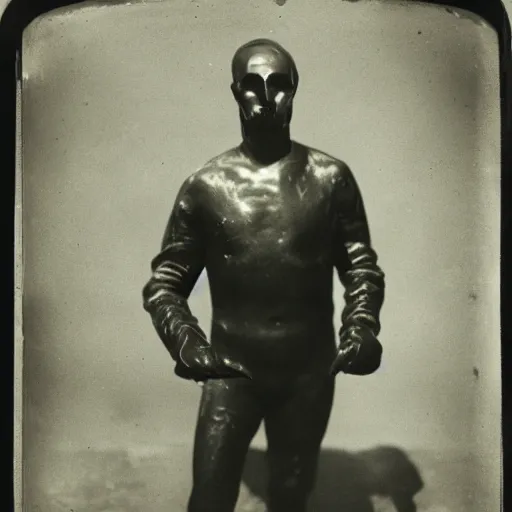 Image similar to Wet plate image of a mythic man, age 34, Standing outside 30 Rockefeller Center, He has large black wings, Dark photo, Slightly blurred,