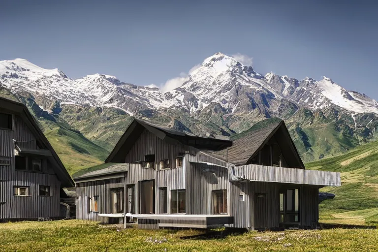 Image similar to architecture photo modern fachwerk house cottage settlement with Elbrus mountain on the background, architecture, photorealism 8k , high details