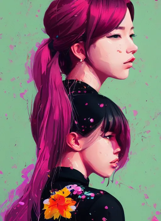 Image similar to lisa blackpink portrait illustration, pop art, splash painting, beautiful floral and plants ornaments in cloth and hair, art by ilya kuvshinov, greg rutkowski and makoto shinkai, dan mumford, artstation