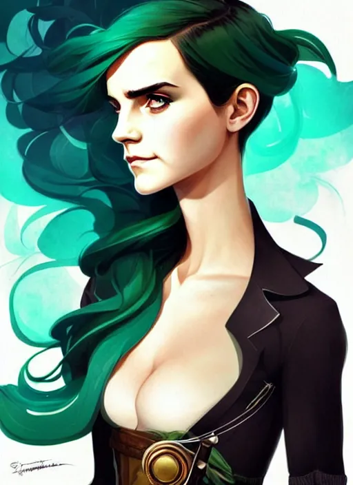 Image similar to style artgerm, joshua middleton, emma watson with green dress, very long blue hair, symmetrical face, symmetrical eyes, steampunk western gunslinger with monocle, cinematic lighting