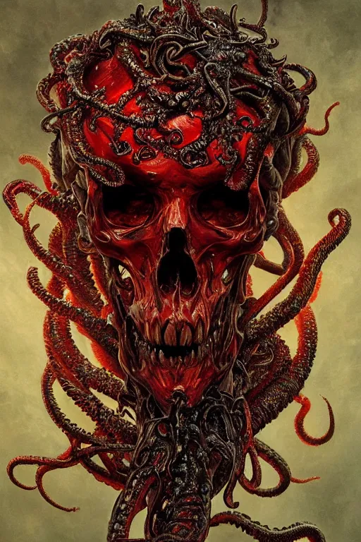Prompt: realistic portrait of beautifully crystalized and detailed portrait of a melting skull, tentacles, tendrils, eldritch, matte painting of cinematic movie scene red dragon, horror, created by gustave dore and greg rutkowski, high detailed, smooth draw, synthwave neon retro, intricate, realistic proportions, dramatic lighting, trending on artstation.