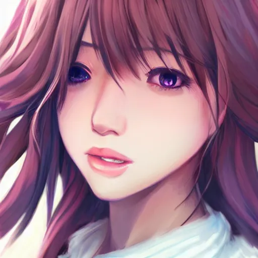 Image similar to portrait of Sayori from DDLC, detailed facial features, optimistic colors, bright eyes, warm smile, delicate, by artgerm