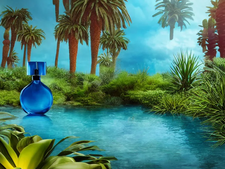 Prompt: perfume bottle in the center of a desert oasis in deep blue pond water surrounded by tropical flora ; 4 style of nicholas fols, 2 0 0 mm, mute dramatic colours, soft blur outdoor stormy sea background, volumetric lighting, hyperrealistic