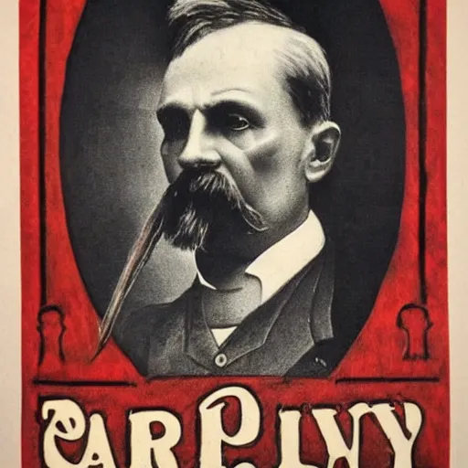 Image similar to 1 8 9 0 s capitalism poster, black and white engraving, eastern european look, with red ink used for emphasis, on antique yellowed paper. serious face of leader in the middle of poster, with intricate imagery of buildings and factories and laborers in the background