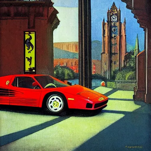 Image similar to a red ferrari testarossa in front of gothic architecture, gotham city by nc wyeth and daniel mumford