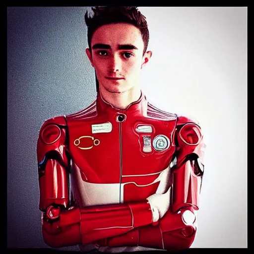 Image similar to “a realistic detailed photo of a guy who is an attractive humanoid who is half robot and half humanoid, who is a male android, Charles Leclerc, shiny skin, posing like a statue, blank stare”