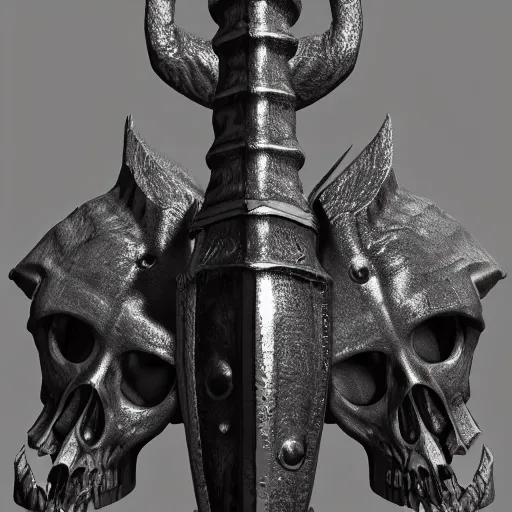 Image similar to a black sword skull handle, ornament, weapon, a 3 d render by dom qwek, studio lighting, front side view, trending on polycount, hard surface modeling, rendered in maya, 3 ds max, blender, artstation hd, vray