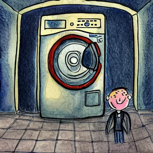 Prompt: childrens book illustration of a demon standing next to the washing machine in a basement, ink and watercolor