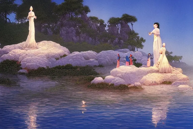 Prompt: an oriental palace made of immaculate white stones that emit light planted at the edge of a waterless ocean under a twilight light, blue sky without clouds, people angling at the edge, crystalline rock, pastel shades, style of michael whelan