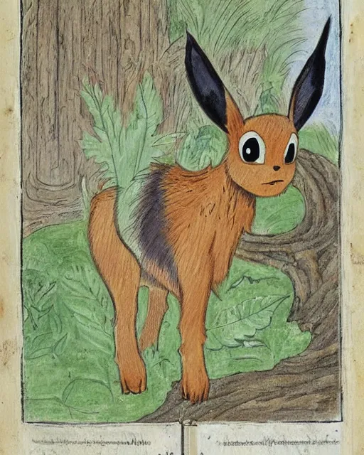 Image similar to a manuscript painting of Eevee in the style of the Rochester Bestiary, Ashmole Bestiary