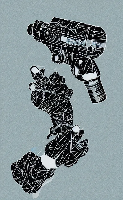 Image similar to “ hand in glove holding laser gun from the side, geometric, retro, digital art, award winning ”