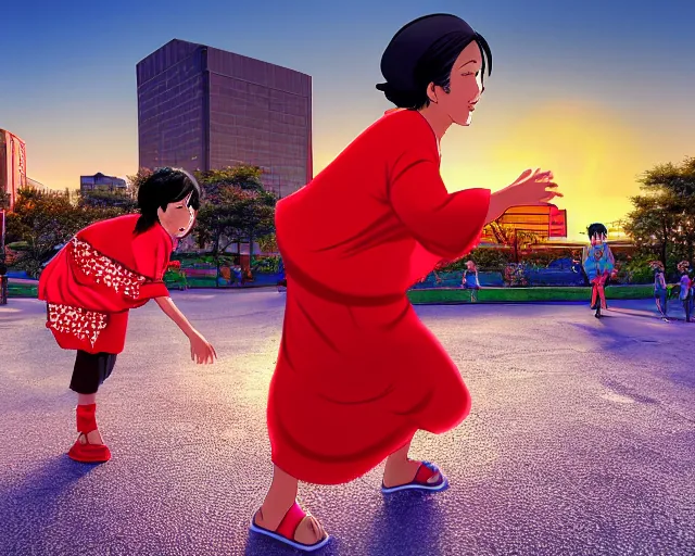 Image similar to Hispanic Granny In A Red MuMu Throwing A Slide Sandal At A Bunch Of Kids Running Away From Her, Anime Style, Manga Style, 8K, HDR, San Antonio Texas Cityscape Sunset, HDR, volumetric lighting, Hyperrealistic-H 960