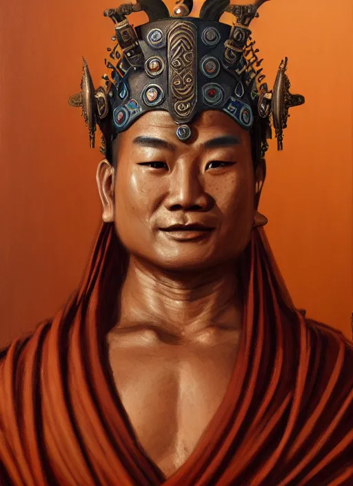 Prompt: smart tai buddhist monk, closeup portrait, without beard and mustache, historical hero, ethnic group, tai costume, tai traditional bronze headdress, intricate, with leather armor cross on bare chest, elegant, loin cloth, highly detailed, oil painting, artstation, concept art, matte, sharp focus, illustration, hearthstone, art by earl norem