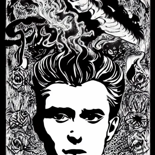 Image similar to black and white pen and ink!!!! Twin Peaks Black Lodge goetic vampire James Dean golden!!!! Vagabond!!!! floating magic swordsman!!!! glides through a beautiful!!!!!!! floral!! battlefield dramatic esoteric!!!!!! pen and ink!!!!! illustrated in high detail!!!!!!!! by Moebius and Hiroya Oku!!!!!!!!! graphic novel published on 2049 award winning!!!! full body portrait!!!!! action exposition manga panel black and white Shonen Jump issue by David Lynch eraserhead and beautiful line art Hirohiko Araki!!