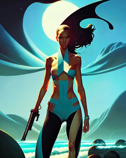 Image similar to peter mohrbacher, phil noto comicbook cover art, jessica alba as riptide