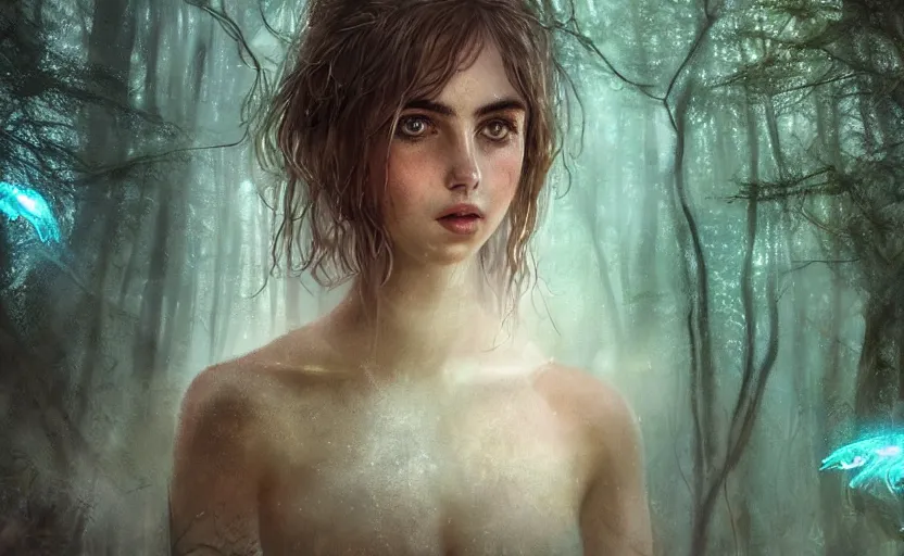 Image similar to a forest nymph in an ancient bioluminescent forest, ana de armas, flawless symmetrical pretty cute face, greg rutkowski, 8 k, shallow depth of field, intricate detail, concept art,