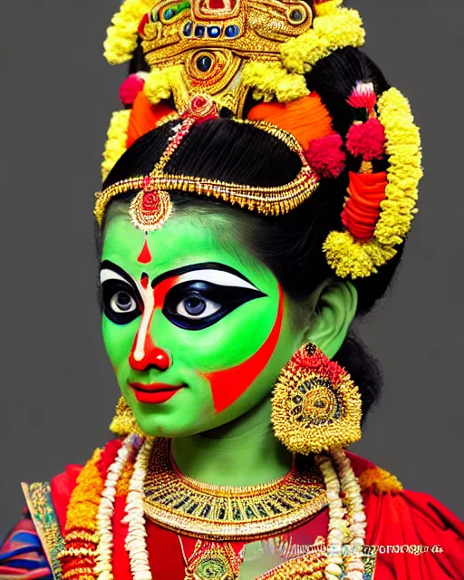 Prompt: photo of a gorgeous young Kathakali dancer wearing elaborate makeup in the style of stefan kostic, realistic, sharp focus, symmetric, 8k high definition, insanely detailed, intricate, elegant, art by stanley lau and artgerm, William-Adolphe Bouguereau, Penelope Cruz