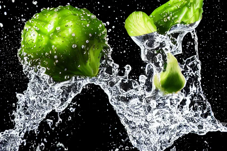 Prompt: a Photorealistic hyperrealistic close up high speed render of a bunch of fresh vegetables dropped into a glass full of water creating a splash, beautiful highly detailed droplets, reflections and refractions, dark studio backdrop, Beautiful studio lighting, Nikon Z7, ISO 400, Sigma 85mm f1.4 DG DN, aperture f/11, exposure 1/200, studio lights