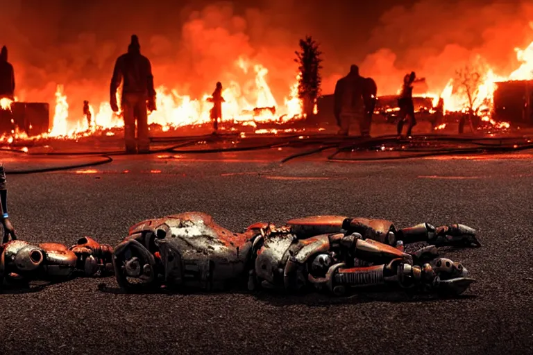 Image similar to vfx film closeup, dead robot couple on the ground holding hands, city street tire tracks fire. flat color profile low - key lighting award winning photography arri alexa cinematography, hyper real photorealistic cinematic atmospheric cool colorgrade