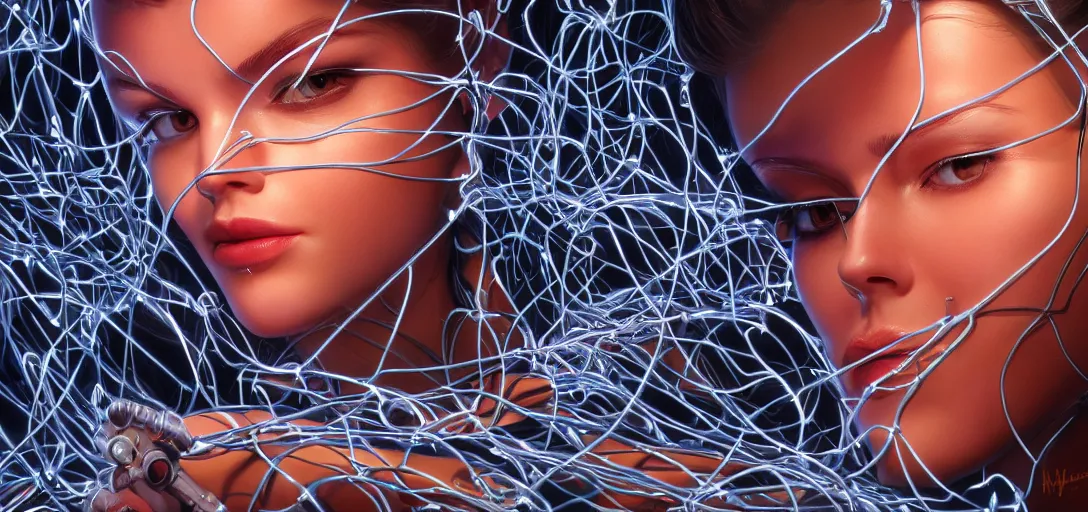 Prompt: beauty woman tangled up in cables and wires surrounded by led screens with her face on them, very detailed, dramatic lighting, high details, electrical details, high details, 4k, 8k, trending on artstation, by Hajime Sorayama and Boris Vallejo