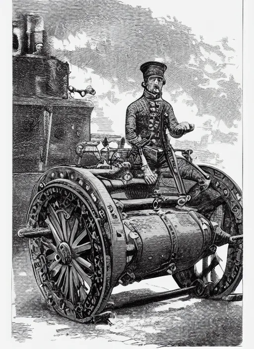 Prompt: 19th century wood-engraving of a steam powered Renault FT tank, whole page illustration from Jules Verne book, art by Édouard Riou Jules Férat and Henri de Montaut, frontal portrait, high quality, beautiful, highly detailed, removed watermarks