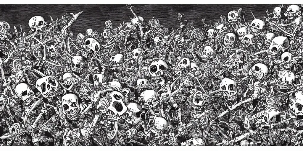 Image similar to ”skeleton army marching and dancing left to right carrying caged angels, [sideview wide angle, intricate and ornate, art by Joe Fenton]”