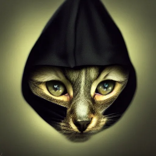 Image similar to a portrait of a kitten wearing a black hood, cloak covering face, anatomically correct, beautiful perfect face, enigmatic, oil painting, matte, black background, Volumetric dynamic lighting, Highly Detailed, Cinematic Lighting, Unreal Engine, 8k, HD, by Beksinski