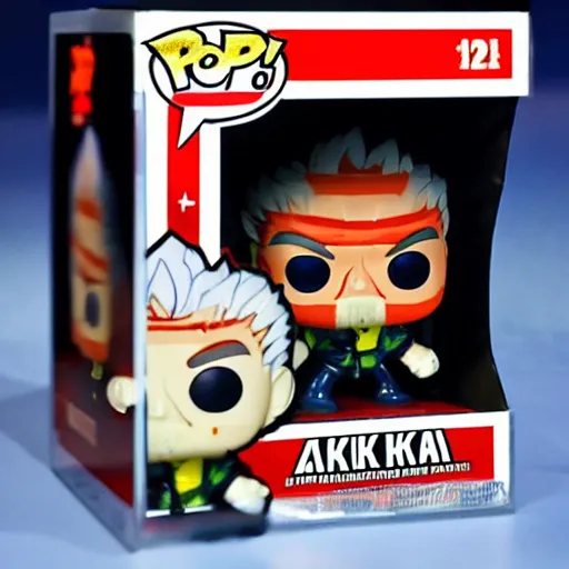 Prompt: akuma street fighter funko pop inside a hydraulic press being crushed