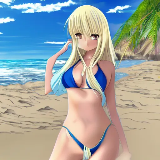 Image similar to anime visual of very cute girl with long blonde hair, at the beach in a blue bikini, highly detailed
