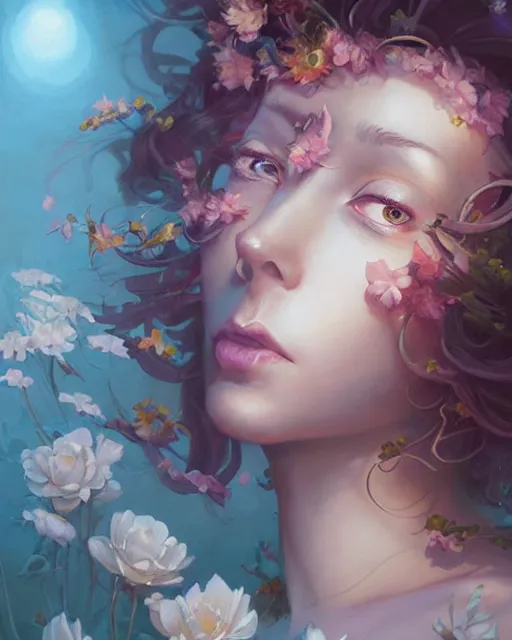 Image similar to flower princess portrait, jesper ejsing, artgerm, peter mohrbacher, halo of light, gilding