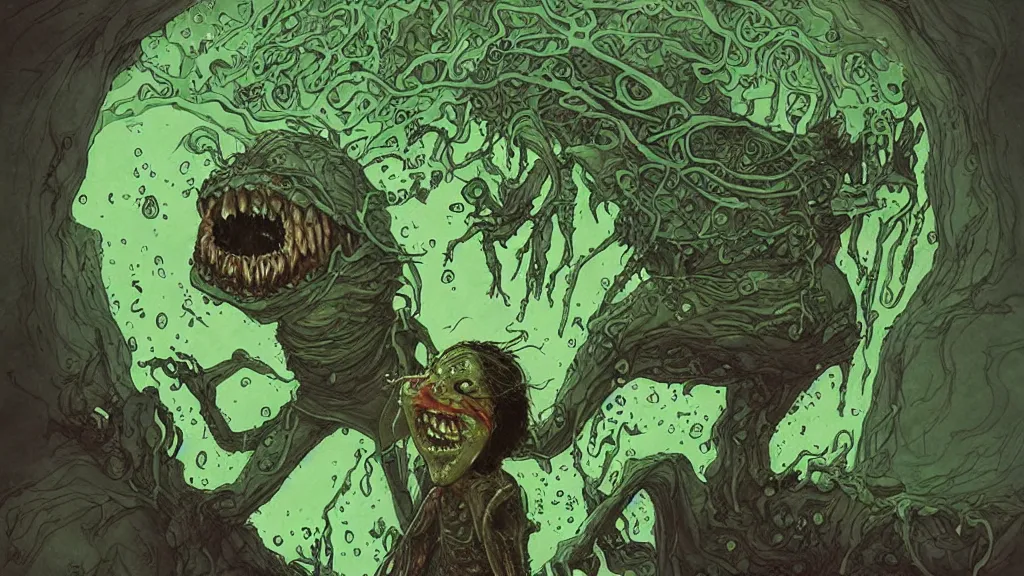 Image similar to a kid abducted by alien, by asaf hanuka, by karol bak, by tony diterlizzi, colored pencil, fine art, scary creature coming out of his mouth, green slime dripping, dark fantasy