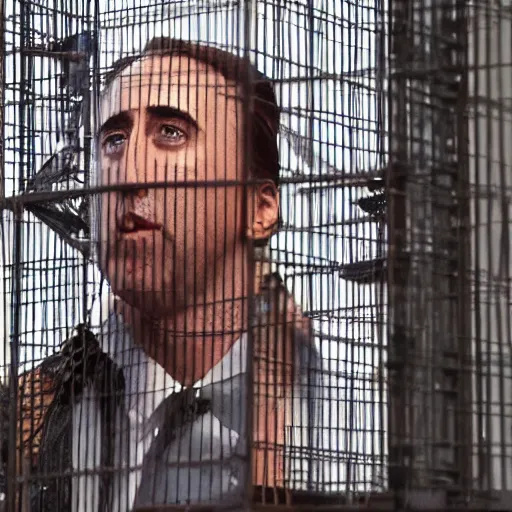 Image similar to a cagey nicholas cage caged in a cage on stage and enraged